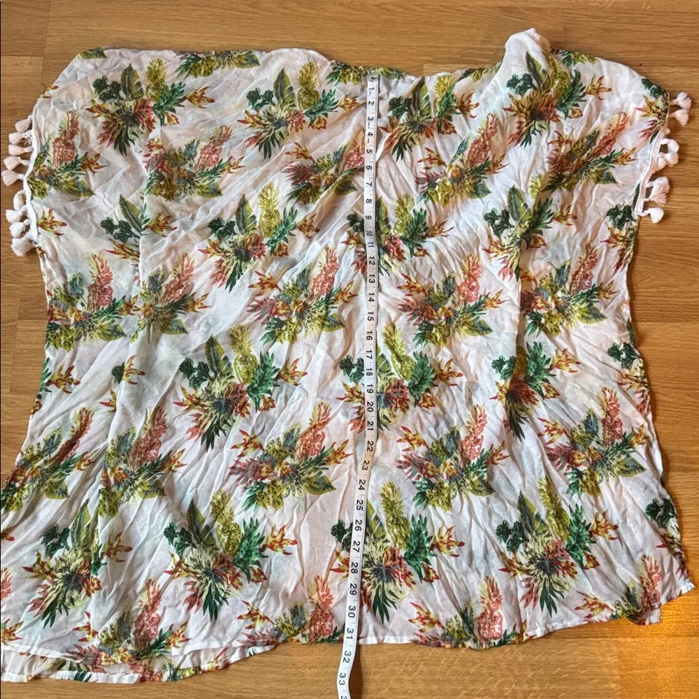 Free Press Green/White Tropical Wrap swimsuit cover up (OS) Fringe cruise ship